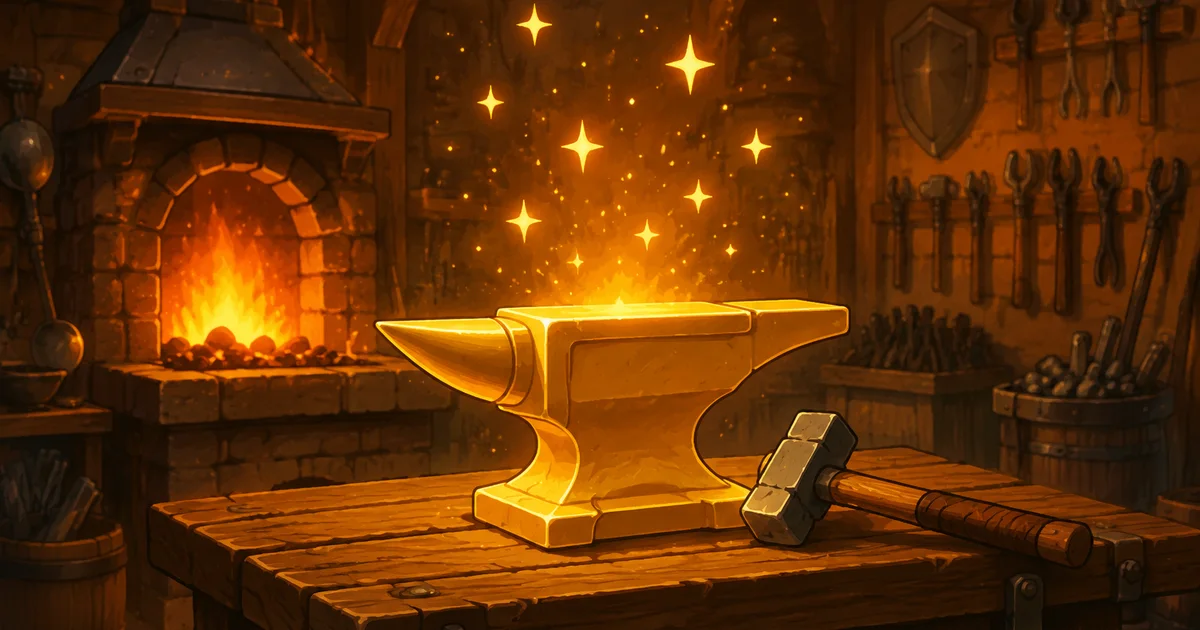 Starsmith Idle — a glowing golden anvil on the smithing table, sparks rising